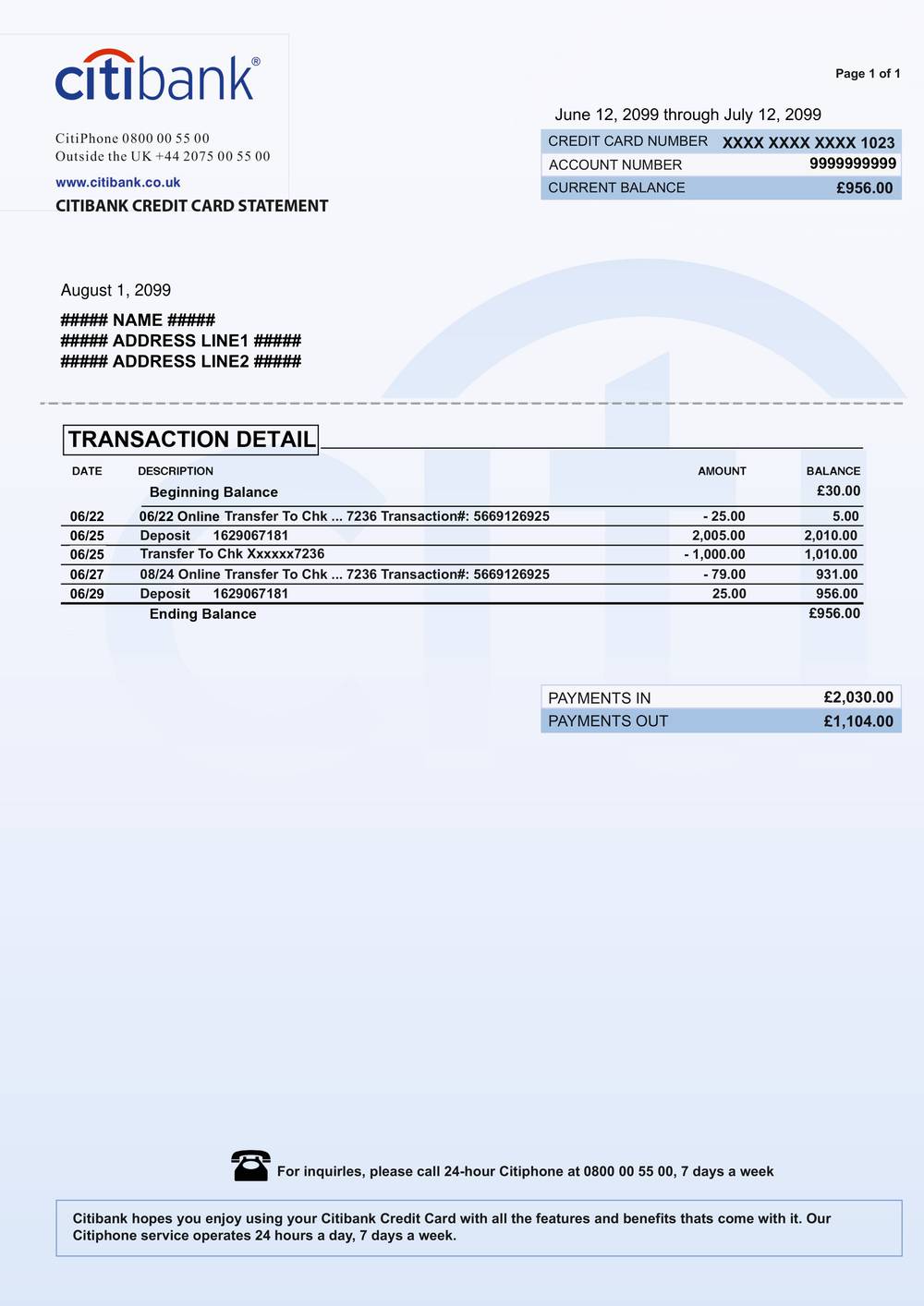 Citibank factuur voorbeeld