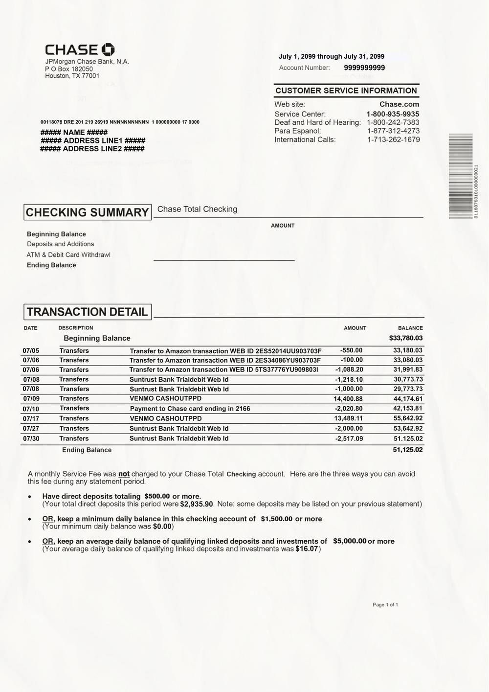 Предварительный просмотр счета Chase